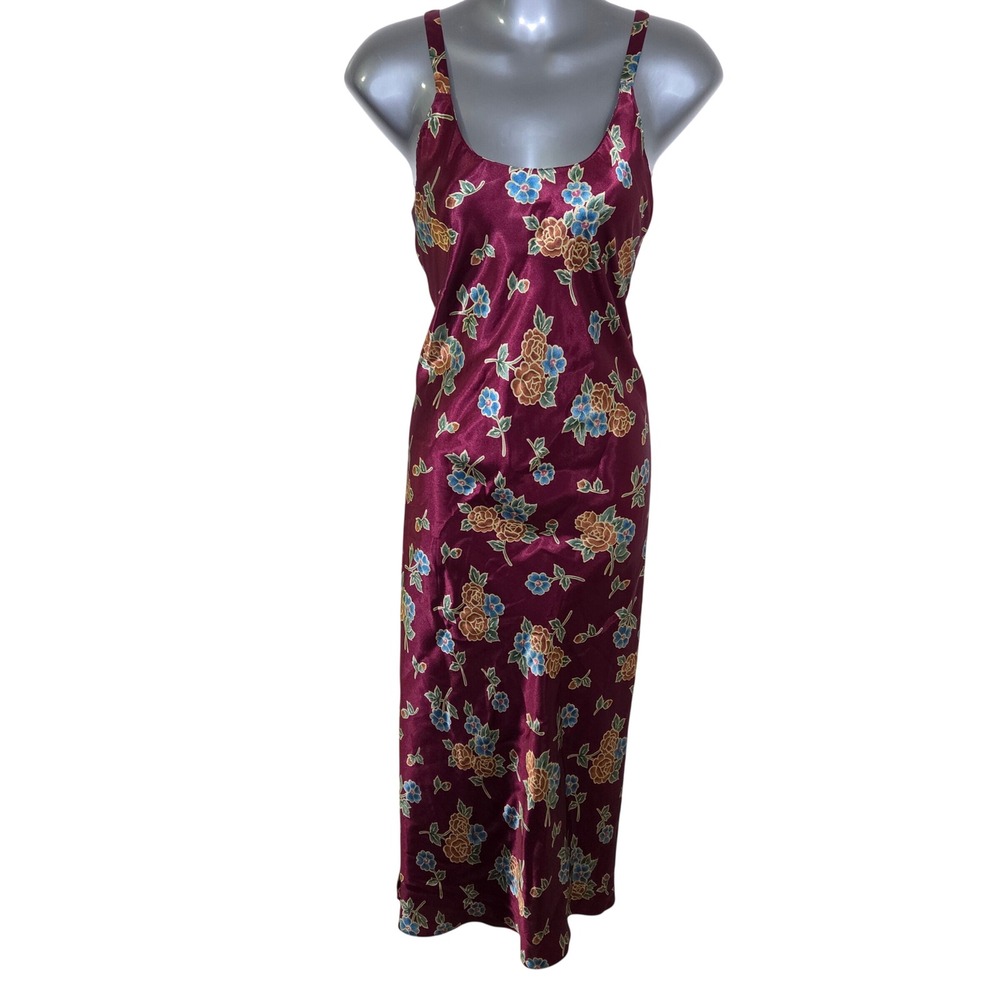 Vtg Burgundy Floral Satin Slip Dress Maxi Sleeveless Women's Medium Boho Cottage